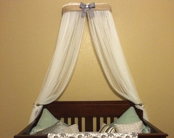 Bed Canopy Crown Gender Neutral Crib Burlap Linen Nursery FREE white sheer curtains INCLUDED Custom Baby designed So Zoey Boutique SALE