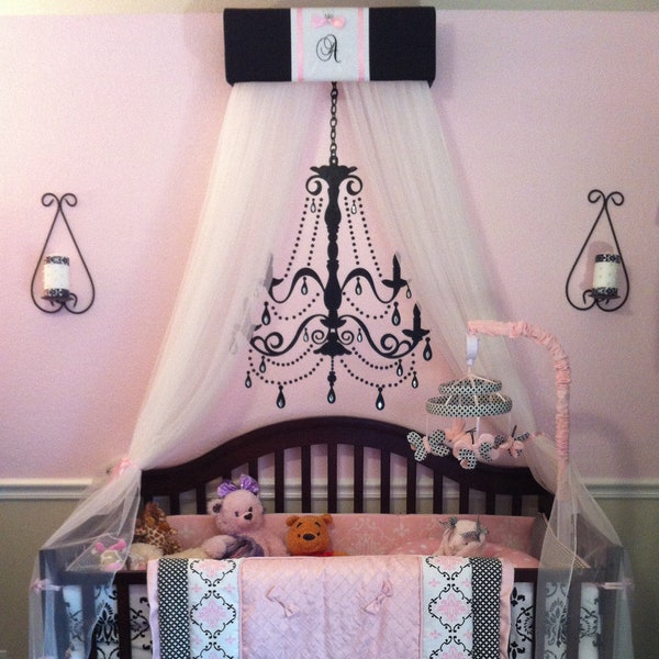 Canopy Crown Crib Nursery Teester Mongram PERSONALIZED SaLe Black Pink Princess Embroidered