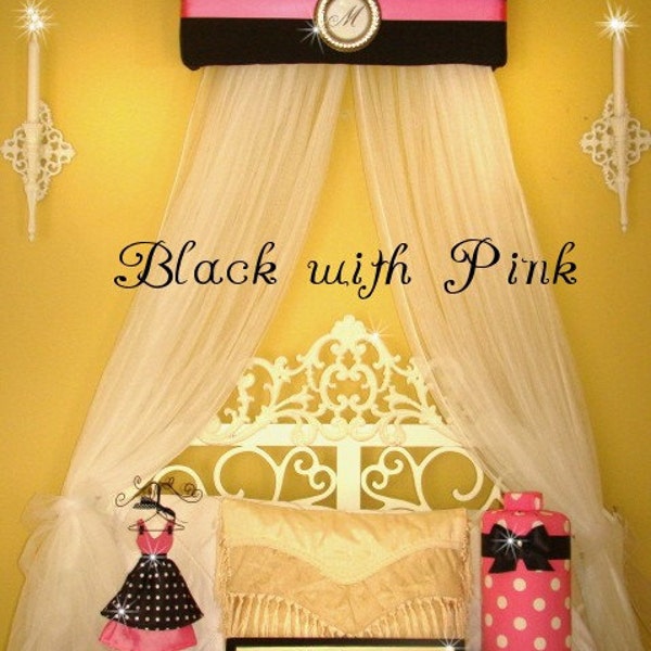 Bed Canopy Princess Crown Personalized Black Hot Pink Upholstered with netting SaLe