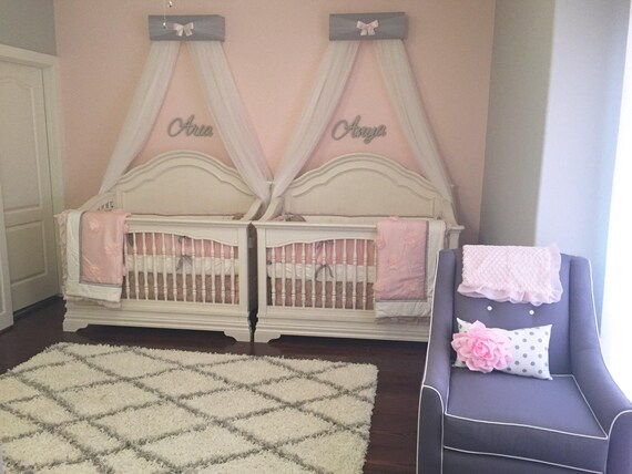 Twins Crib Canopies Matching Sisters Free Curtain Gray White Pink Upholstered Nurserytwo Bow Twin Bedroom Nursery So Zoey Boutique Sale