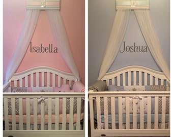 TWINS Crib Canopies Matching Sisters Boy Girl Baby FrEe CuRtAiN Gray White pink upholstered NurseryTWO Bow TwIn Bedroom Nursery So Zoey SaLe