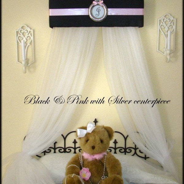 Bed Canopy with Drapes SaLe Princess Personalized Black Padded with Pink  Silver Monogram Crown Tiara