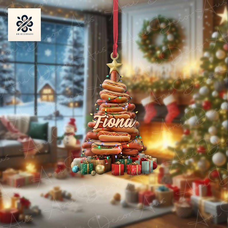 PERSONALIZED Hot Dog Christmas 2D FLAT Ornament, Xmas Tree Decoration