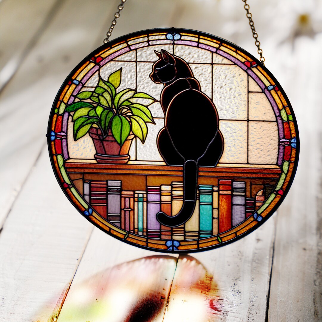 Black Cat and Book GLASS Suncatcher Book Window Sign Book Lover Gift ...