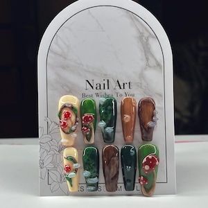 Fairycore Mushroom and Trees Cottagecore Press on Nails