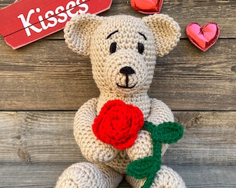 CROCHET PATTERN - Valentine Teddy Bear - CV185 Will You Accept This Rose - PDF Digital Download