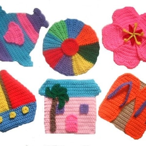 May include: A collection of six colorful crochet items: a fish, a segmented circle, a flower, a sailboat, a house with a palm tree, and a pair of flip-flops. Each item is made with various colors of yarn and has a unique design.