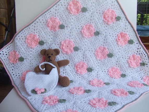 CROCHET PATTERN CV088 Roses for Baby Blanket Baby Girl Bib