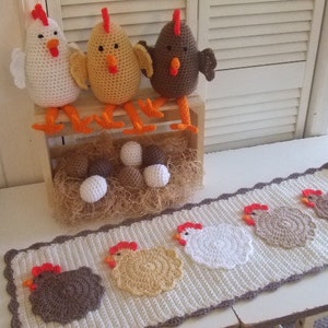 CROCHET PATTERN - CV157 Farmhouse Chickens - crochet pattern chicken table runner - crochet pattern amigurami chickens - farmhouse kitchen