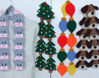 CROCHET PATTERN - CV079 Whimsical Scarves - Cat - Dog - Christmas tree - Christmas lights - PDF Download