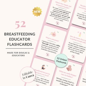 以下が含まれることがあります： 母乳育児教育者向けフラッシュカード52枚セット。ドゥーラや教育者向けに設計されています。カードには、初乳、空腹のサイン、母乳の供給などに関する教育コンテンツが掲載されています。カードはCanvaで編集可能です。