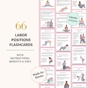 66 Labor Positions Flashcards, Printable and Editable Canva Templates for Doulas, Exercises for Every stage + Labor Signs, Comfort Measures