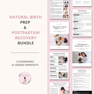 Natural Birth Prep & Postpartum Recovery Bundle, Prenatal Education Handouts for Doula Class + Printable Client Workbook, Canva Editable PDF