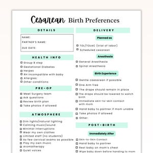 Modèle de plan de naissance pour césarienne douce, plan de naissance d'un hôpital pour césarienne planifiée, modèle de plan de naissance pour la première fois au Royaume-Uni, liste de contrôle de naissance modifiable