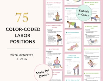 75 tarjetas didácticas de posiciones de parto, plantillas de Canva imprimibles y editables para doulas, posiciones para cada etapa, medidas de confort para el parto natural