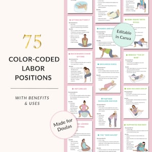 75 Labor Positions Flashcards, Printable & Editable Canva Templates for Doulas, Positions for Every stage, Natural Birth Comfort Measures
