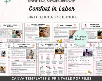 Paquete de recursos para el bienestar durante el parto aprobado por matronas, folletos para doulas basados en la evidencia / Para educación prenatal, clases y preparación para el parto (editable en Canva + PDF)