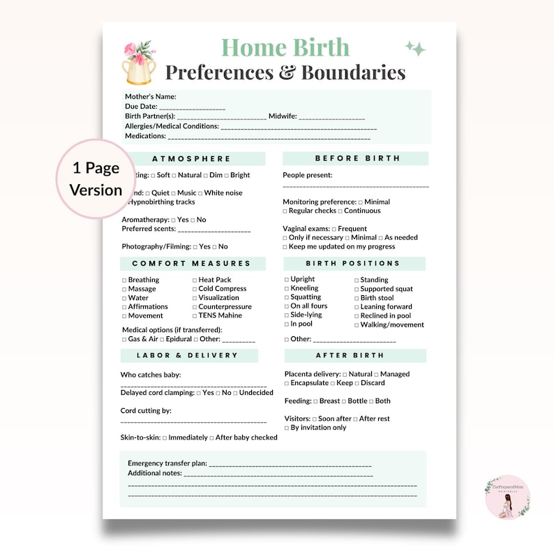 Home Birth Preferences & Boundaries Checklist, Birth Plan Template ...