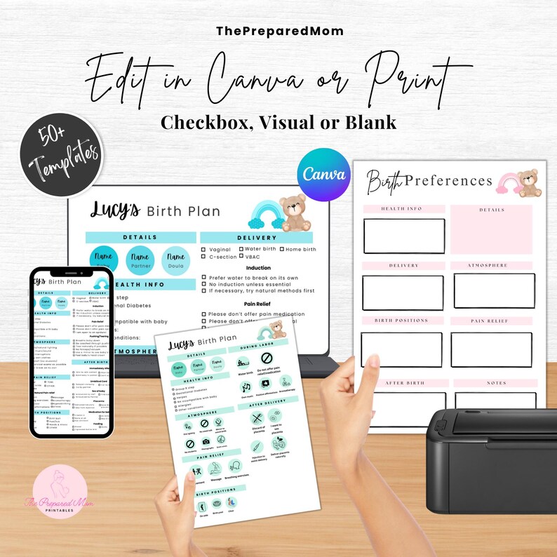 Canva Birth Plan Template Bundle, Editable Birth Plans Checkbox, Blank