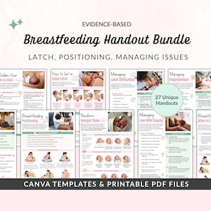 Könnte beinhalten: Ein digitales Bündel von pädagogischen Still-Handouts mit Titeln wie Evidence-Based Breastfeeding Handout Bundle, Latch, Positioning, Managing Issues und Newborn Hunger Cues, mit 27 einzigartigen Handouts in Canva- und PDF-Formaten.