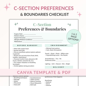 Lista de preferencias y límites para el parto por cesárea, plantilla de plan de parto por cesárea (plantilla Canva + PDF) - Para doulas y educadores