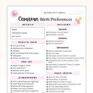 Gentle C-Section Birth Plan Template for Baby Girl, Planned Cesarean Birth Preferences, Canva Editable Labor and Birth Planner,Printable PDF