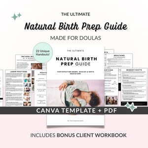 Natural Birth Preparation Guide & Workbook, Doula Handouts for Prenatal Classes + Birth Education - Printable PDF + Editable Canva Templates