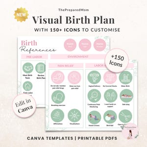 Può includere: Un modello di piano nascita stampabile rosa e bianco con il testo "Visual Birth Plan" e "With 150+ Icons to Customize". Il piano include sezioni per le preferenze di nascita, il pre-travaglio, l'ambiente, il sollievo dal dolore e il travaglio.
