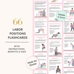 66 Labor Positions Flashcards, Printable and Editable Canva Templates for Doulas, Exercises for Every stage + Labor Signs, Comfort Measures