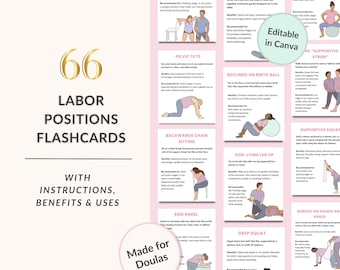 66 Flashcards voor arbeidsposities, afdrukbare en bewerkbare canvassjablonen voor doula's, oefeningen voor elke fase + arbeidstekens, comfortmaatregelen