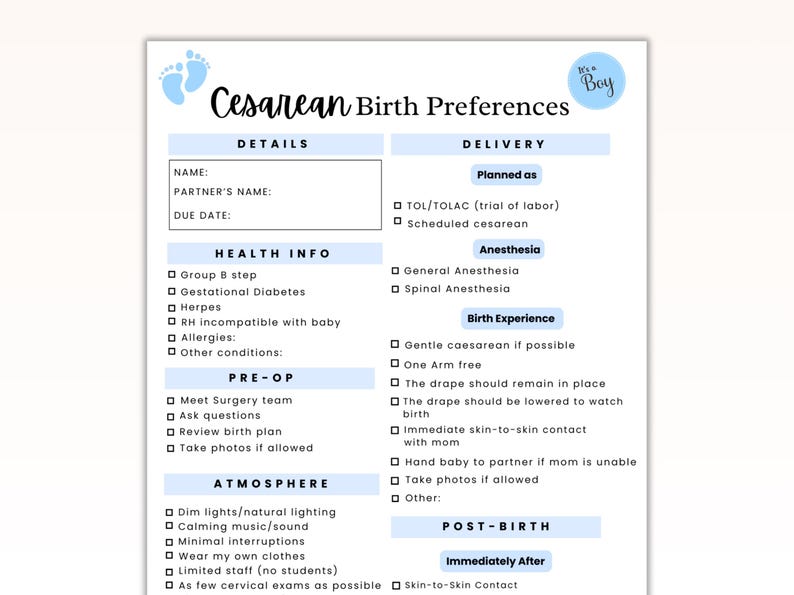 Editable C Section Birth Plan Template for Boy, Pastel Blue Cesarean ...