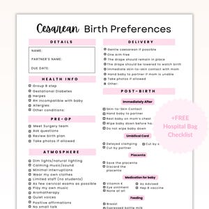 Cesarean Birth Plan Template, Editable C-section Birth preferences, Labor and Delivery Plan & Hospital bag checklist, Pregnancy Planner PDF