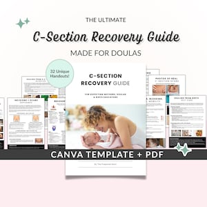 Guía de recuperación tras cesárea, material para doulas posparto + herramienta para clases prenatales, recurso educativo para el parto, PDF imprimible + plantilla editable de Canva