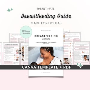 Guia de aleitamento materno para doulas e educadoras, materiais para clientes no Canva, educação sobre alimentação de recém-nascidos, pôsteres para aulas, modelos para consultoras de lactação.