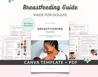 Guía de lactancia materna para doulas y educadoras, folletos para clientes de Canva, educación sobre alimentación neonatal, carteles para clases, plantillas para consultoras de lactancia.