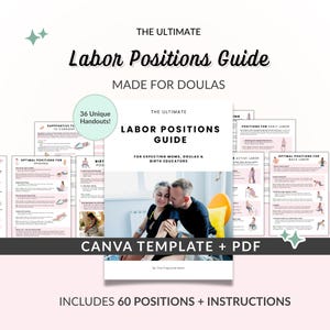 Labor Positions Guide, Birth Positions Handouts, Doula Client Ebook, 60+ Labor Positions - Editable Canva Template & Printable PDF Files