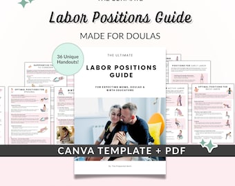 Guía de posiciones de parto, folletos de posiciones de parto, libro electrónico para clientes de doulas, más de 60 posiciones de parto: plantilla de Canva editable y archivos PDF imprimibles