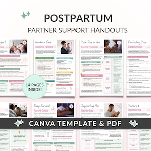 Postpartum Recovery Partner Support Handouts, Doula Templates for Prenatal Classes, Antenatal Education Bundle - Canva Links + Printable PDF