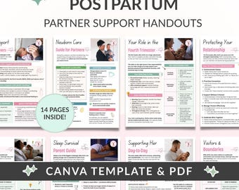 Hand-outs voor ondersteuning van de partner na de bevalling, doula-sjablonen voor prenatale lessen, prenatale voorlichtingsbundel - Canva-links + afdrukbare pdf