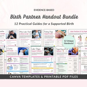 Birth Partner Handout Bundle, Evidence-Based Guides for Doulas: For Antenatal Education, Prenatal Classes, Birth Support (Canva Files + PDF)