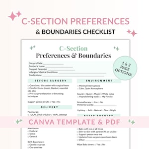 C-section Birth Preferences & Boundaries Checklist, Cesarean Birth Plan Template (Canva Template + PDF) - For Doulas and Educators