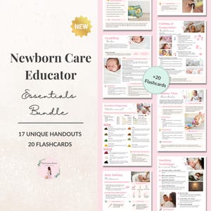 Peut inclure: Ensemble de ressources éducatives pour les soins aux nouveau-nés, comprenant 17 documents et 20 fiches. Les sujets abordés incluent l'emmaillotage, le changement de couche, le bain et les techniques d'apaisement. L'image est rose et blanche avec du texte et des illustrations.