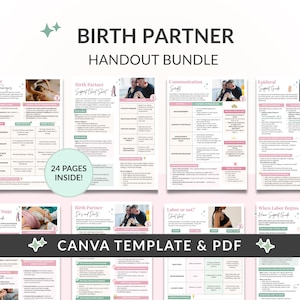 Birth Partner Handouts Bundle - Editable Canva Templates for Doulas, Prenatal Classes + Birth Education  - Printable PDF Included