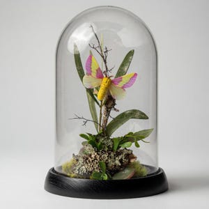 May include: A decorative glass cloche with a black base, showcasing a preserved butterfly with yellow and pink wings. The butterfly rests on a small branch with green leaves and moss, creating a miniature natural display.