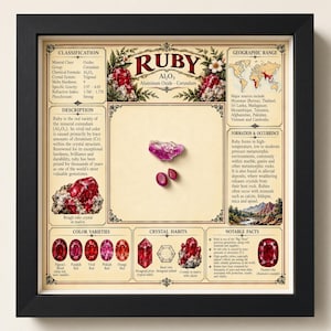 May include: A framed educational display about ruby gemstones, featuring text, maps, and illustrations of crystals. Three small, loose ruby specimens are mounted in the center of the cream-colored background, surrounded by detailed scientific information.
