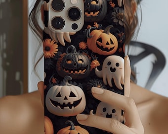 Halloween Phone Case, Cute Ghost Pumpkin Design, 3D Clay, iPhone 17 16 15 14 13 12 11 Pro Max Plus Pixel 9 8, Samsung Galaxy S25 S24 S23 S22