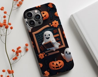 Halloween Phone Case, Ghost Teacher and Pumpkins, 3D Clay, iPhone 15 14 13 12 11 Pro Max Plus Pixel 8 Samsung Galaxy S24 S23 S22 S20 Ultra