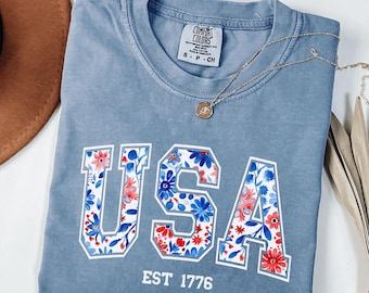 Comfort Colors Floral USA Shirt, America Shirt, Fourth of July Shirt,4th of July Tee,Patriotic Women Shirt,USA Est 1776 Shirt, USA Tee Shirt