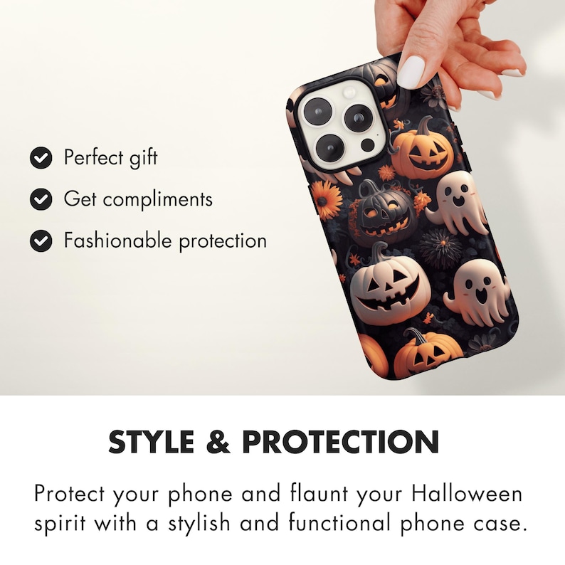 May include: A black phone case with a Halloween theme. The case features a variety of jack-o'-lanterns, ghosts, and other spooky designs.  "STYLE & PROTECTION" and "Protect your phone and flaunt your Halloween spirit with a stylish and functional phone case." are printed on the bottom of the image.