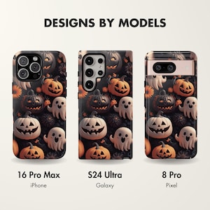 May include: Three phone cases with a Halloween theme. The cases feature a black background with a pattern of orange pumpkins, white ghosts, and black bats. The cases are labeled "16 Pro Max iPhone", "S24 Ultra Galaxy", and "8 Pro Pixel".